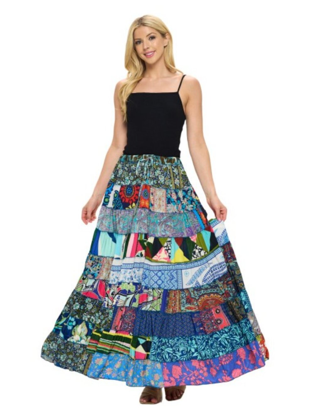India Boutique silky tiered patchwork maxi skirt in assorted blue tones -- NWT